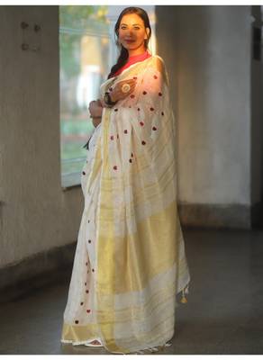 Handmade bhagalpuri embroidered linen saree in white shade with blouse piece 4