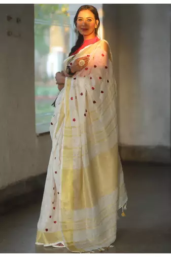 Handmade bhagalpuri embroidered linen saree in white shade with blouse piece