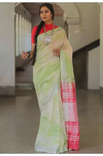 Handmade bhagalpuri linen saree with tie dye in white shade with blouse piece