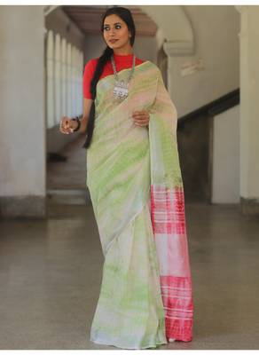Handmade bhagalpuri linen saree with tie dye in white shade with blouse piece 7