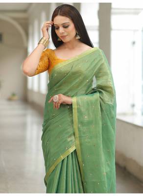 Handmade bhagalpuri tissue linen saree with mirror work in green shade with blouse piece 2