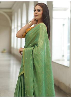 Handmade bhagalpuri tissue linen saree with mirror work in green shade with blouse piece 4