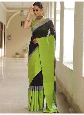 Handmade bhagalpuri linen saree with contrast border in black shade with blouse piece 3