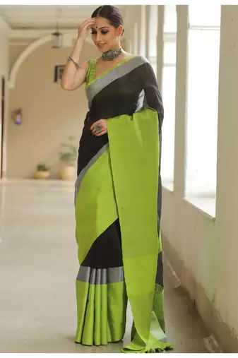 Handmade bhagalpuri linen saree with contrast border in black shade with blouse piece