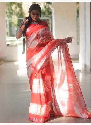 Handmade bhagalpuri linen saree with tie dye in white shade with blouse piece 2
