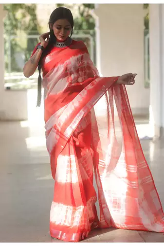 Handmade bhagalpuri linen saree with tie dye in white shade with blouse piece