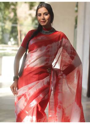 Handmade bhagalpuri linen saree with tie dye in white shade with blouse piece 3