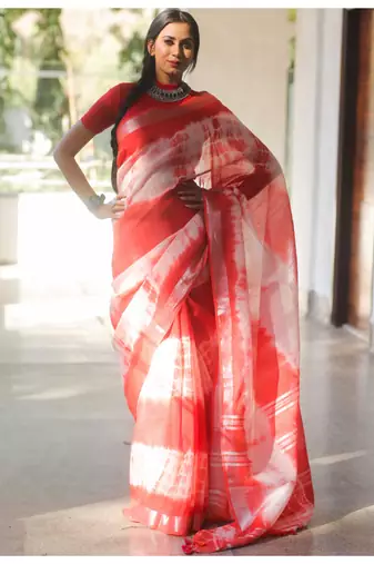 Handmade bhagalpuri linen saree with tie dye in white shade with blouse piece