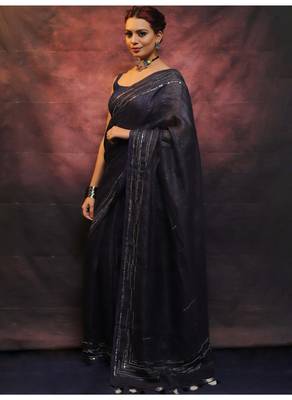 Handmade bhagalpuri linen saree with mirror work in black shade with blouse piece 2