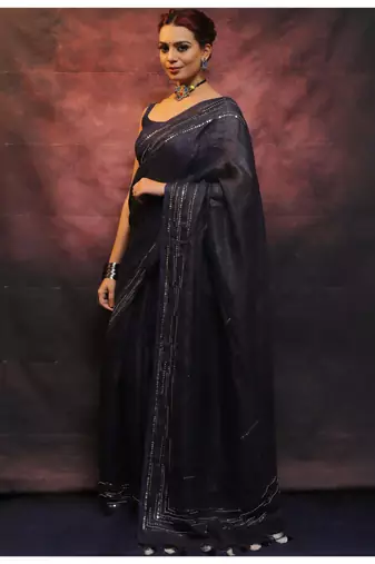Handmade bhagalpuri linen saree with mirror work in black shade with blouse piece