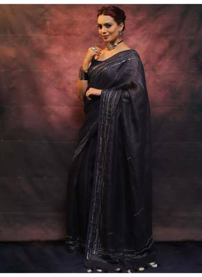 Handmade bhagalpuri linen saree with mirror work in black shade with blouse piece 3