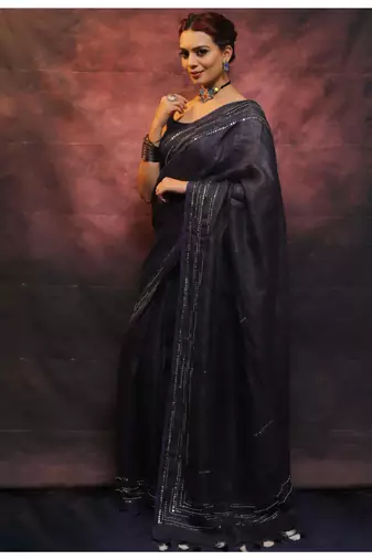 Handmade bhagalpuri linen saree with mirror work in black shade with blouse piece