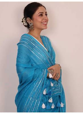 Handmade bhagalpuri linen saree with mirror work in blue shade with blouse piece 2