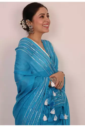 Handmade bhagalpuri linen saree with mirror work in blue shade with blouse piece