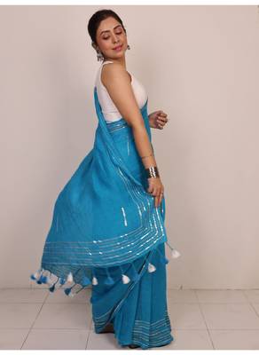 Handmade bhagalpuri linen saree with mirror work in blue shade with blouse piece 3