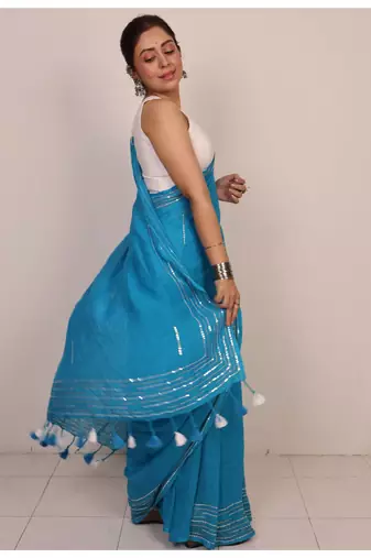 Handmade bhagalpuri linen saree with mirror work in blue shade with blouse piece