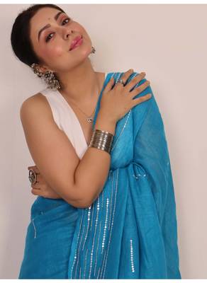 Handmade bhagalpuri linen saree with mirror work in blue shade with blouse piece 4