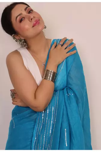 Handmade bhagalpuri linen saree with mirror work in blue shade with blouse piece