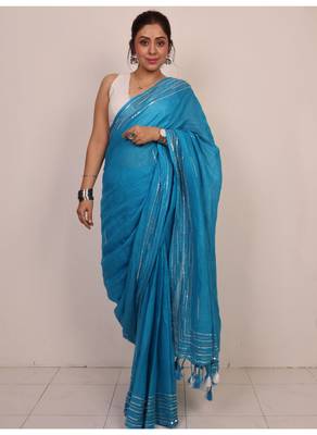Handmade bhagalpuri linen saree with mirror work in blue shade with blouse piece 5