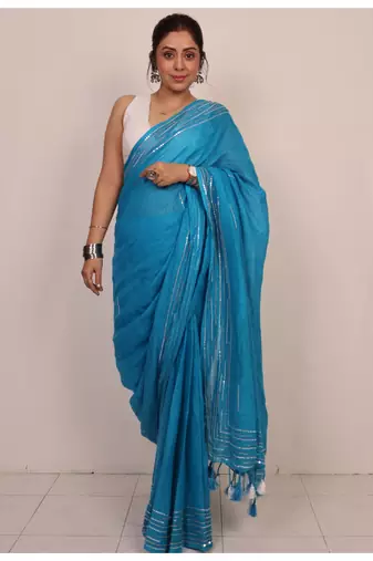 Handmade bhagalpuri linen saree with mirror work in blue shade with blouse piece