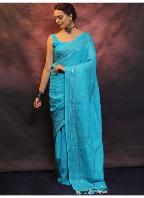 Handmade bhagalpuri linen saree with mirror work in sea blue shade with blouse piece 1