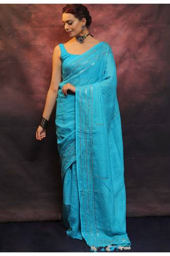Handmade bhagalpuri linen saree with mirror work in sea blue shade with blouse piece