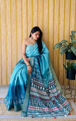 Sky-Blue Printed Handloom Saree 1