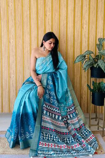 Sky-Blue Printed Handloom Saree