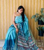 Sky-Blue Printed Handloom Saree