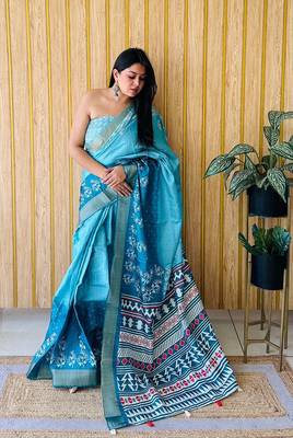 Sky-Blue Printed Handloom Saree 2
