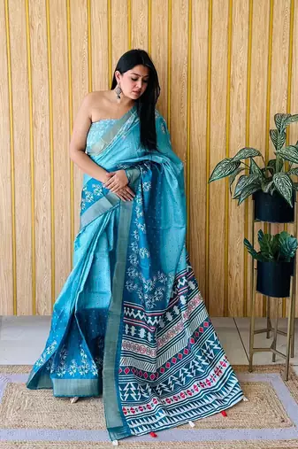 Sky-Blue Printed Handloom Saree