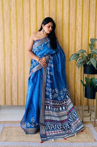Blue Printed Handloom Saree