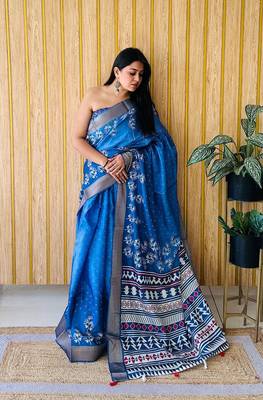 Blue Printed Handloom Saree 1