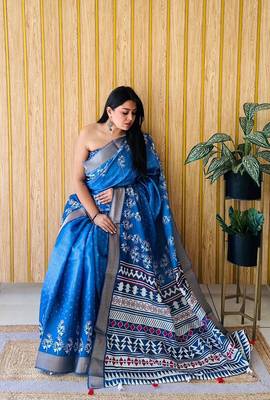 Blue Printed Handloom Saree 2