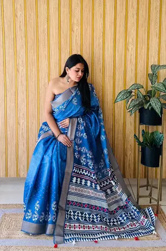 Blue Printed Handloom Saree