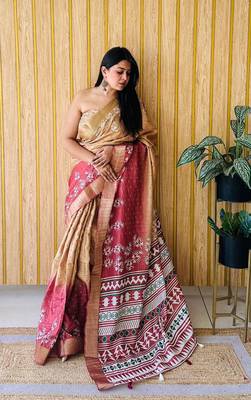 Gold-Maroon Printed Handloom Sarees 1