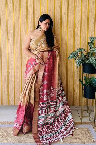 Gold-Maroon Printed Handloom Sarees