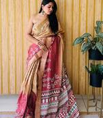 Gold-Maroon Printed Handloom Sarees