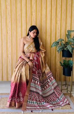 Gold-Maroon Printed Handloom Sarees 2