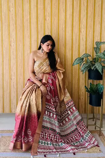 Gold-Maroon Printed Handloom Sarees