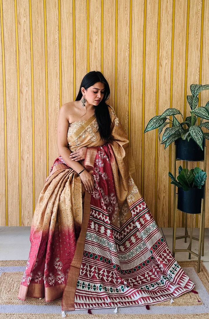 Gold-Maroon Printed Handloom Sarees