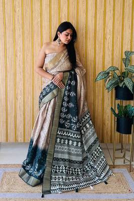 Tan-Dark Teal Printed Handloom Sarees 1