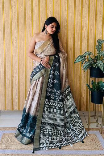 Tan-Dark Teal Printed Handloom Sarees