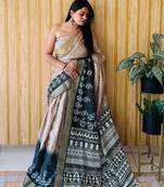 Tan-Dark Teal Printed Handloom Sarees