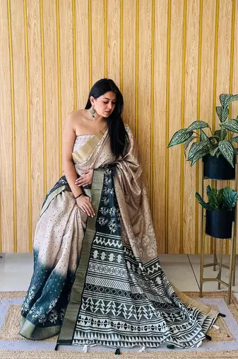 Tan-Dark Teal Printed Handloom Sarees