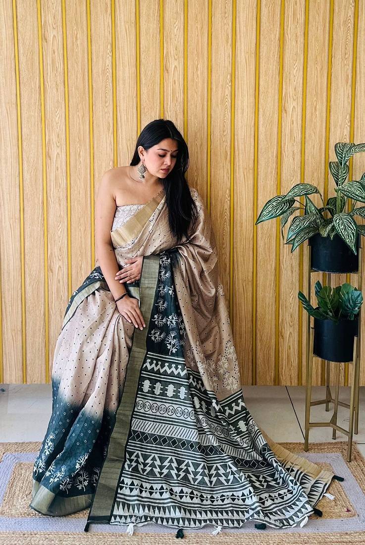 Tan-Dark Teal Printed Handloom Sarees