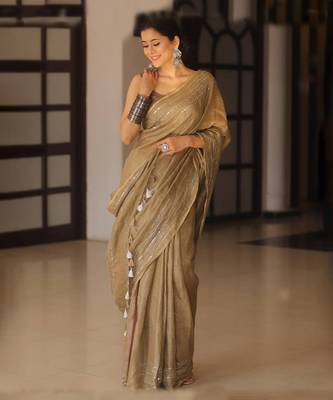 Handmade bhagalpuri linen saree with mirror work in beige shade with blouse piece 1