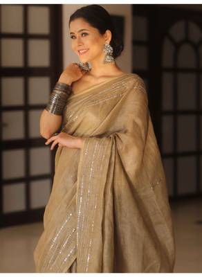 Handmade bhagalpuri linen saree with mirror work in beige shade with blouse piece 4