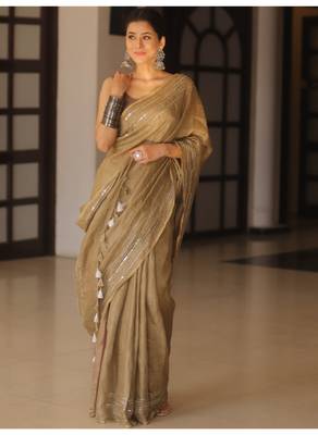 Handmade bhagalpuri linen saree with mirror work in beige shade with blouse piece 5