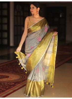 Handmade bhagalpuri embroiderd linen saree in grey shade with blouse piece 1